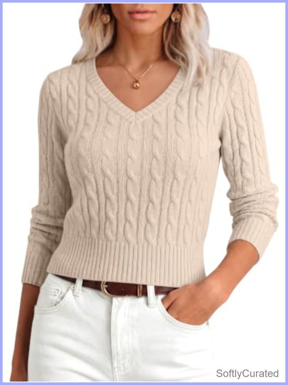 Women's Cropped V Neck Cable Knit Sweater Long Sleeve Pullover
